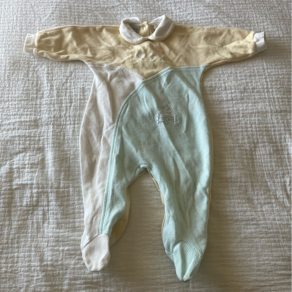 Vintage Geese and Chicken Pastel Yellow and Blue Baby One-Piece Footed Romper